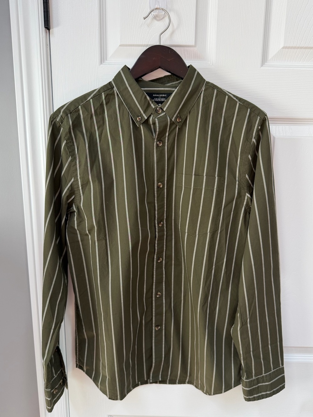 Banana Republic Olive Green Vertical Stripe Button-Down Shirt